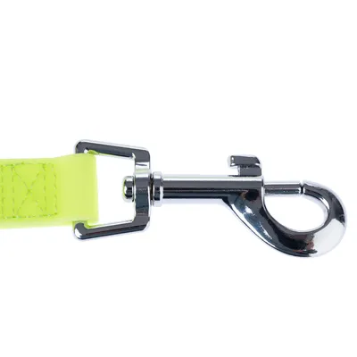 Close-up of a silver carabiner with yellow nylon strap, suitable for dog leads or accessories.