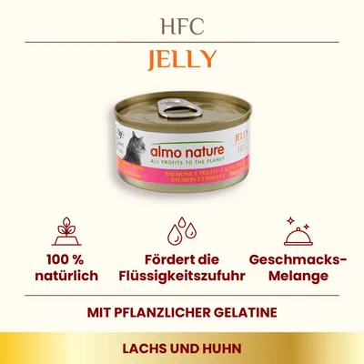 Almo Nature HFC Jelly Nassfutter mit Lachs und Huhn, 100% natürlich, fördert Flüssigkeitszufuhr, Geschmacks-Melange, mit pflanzlicher Gelatine.