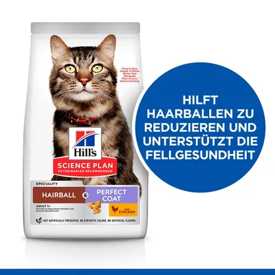 Hill's Science Plan Hairball & Perfect Coat mit Huhn. Hilft Haarballen zu reduzieren und unterstützt die Fellgesundheit. Für erwachsene Katzen ab 1 Jahr.