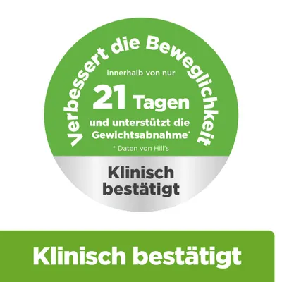 Verbessert die Beweglichkeit innerhalb von 21 Tagen und unterstützt die Gewichtsabnahme. Klinisch bestätigt. Daten von Hill’s.