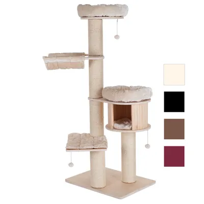 Krabpaal met meerdere ligplekken, sisal palen, houten huisje en hangende speelballen. Verkrijgbaar in vier kleuren: crème, zwart, bruin en bordeauxrood.