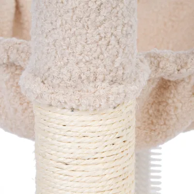 Close-up view of a scratching post trunk with sisal rope and beige plush cover.