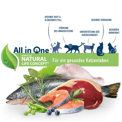 Happy Cat Natural Life Concept. All in One: Für ein gesundes Katzenleben. Vorteile: gesunde Haut, Immunsystem, Herzgesundheit, Verdauung, Harntrakt. Zutaten: Fisch, Fleisch, Gemüse.