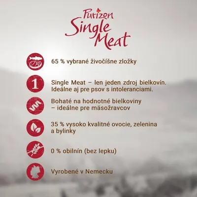 Purizon Single Meat: 65 % vybrané živočíšne zložky, jeden zdroj bielkovín, 35 % ovocie, zelenina a bylinky, 0 % obilnín (bez lepku), vyrobené v Nemecku.