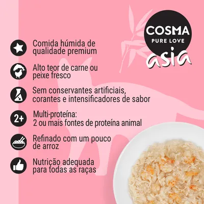 Cosma Pure Love Asia. Comida húmida premium, alto teor de carne ou peixe fresco, sem conservantes artificiais, multi-proteína, arroz, adequada para todas as raças.