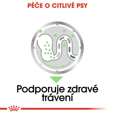 PÉČE O CITLIVÉ PSY. Podporuje zdravé trávení. Grafické znázornění trávicího traktu se zelenými šipkami a body.