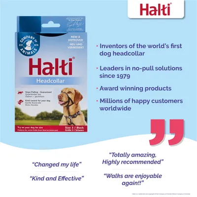 Halti Headcollar product with key points: inventors of the first dog headcollar, leaders in no-pull solutions since 1979, award winning, millions of happy customers, and positive customer quotes.