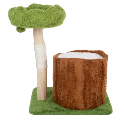 Rascador con cojín verde en forma de copa de árbol, tronco de madera envuelto en sisal y cueva marrón con aspecto de tronco sobre base verde.