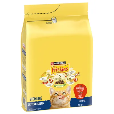 Purina Friskies Sterilisé Katzenfutter, 3kg. Mit Rind und Huhn sowie Gemüse. Verspricht 5 Vorteile: Qualität, Geschmack, Gesundheit, Nachhaltigkeit, ohne künstliche Farbstoffe.