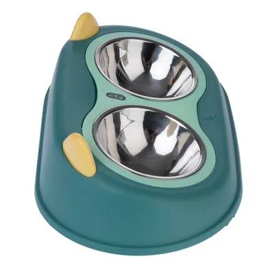 Double bowl made of stainless steel with green plastic housing and yellow accents, suitable for food and water.
