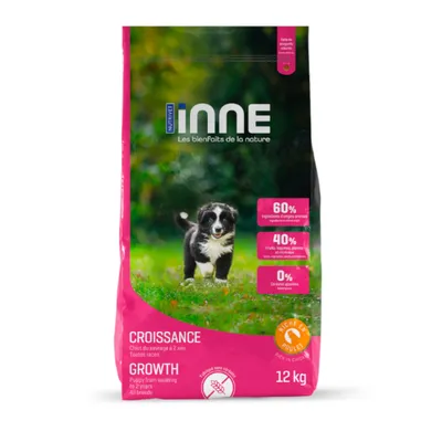 Sac de croquettes Nutrivet Inne Croissance 12 kg, riche en poulet. 60 % ingrédients d’origine animale, 40 % fruits/légumes/plantes, 0 % céréales ajoutées. Pour chiot du sevrage à 2 ans.