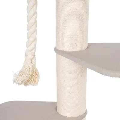 Krabpaal met met sisal omwikkelde palen, twee gevoerde platforms en hangend speelkoord van katoen.