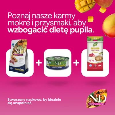 N&D Tropical Selection karma sucha, N&D Prime jagnięcina i czarne jagody karma mokra oraz N&D Adult Cream przekąska. Opracowane naukowo dla optymalnej suplementacji. N&D Tropical Selection karma sucha, N&D Prime jagnięcina i czarne jagody karma mokra oraz N&D Adult Cream przekąska. Opracowane naukowo dla optymalnej suplementacji.