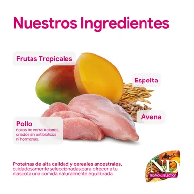 Ingredientes: Frutas tropicales, pollo sin antibióticos ni hormonas, espelta (trigo antiguo), avena. Proteínas de alta calidad y cereales ancestrales para una alimentación equilibrada.