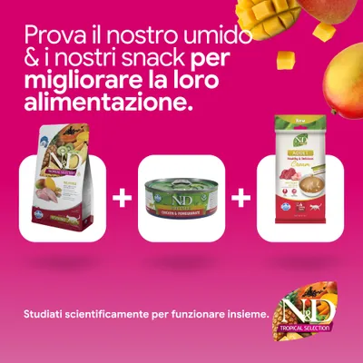 N&D Tropical Selection crocchette, N&D Prime Chicken & Pomegranate alimento umido e N&D adult cream snack. Sviluppato scientificamente per un'alimentazione ottimale. N&D Tropical Selection crocchette, N&D Prime Chicken & Pomegranate alimento umido e N&D adult cream snack. Sviluppato scientificamente per un'alimentazione ottimale.