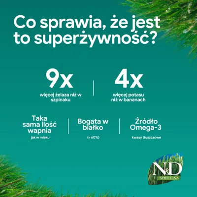 9 razy więcej żelaza niż szpinak, 4 razy więcej potasu niż banany, tyle samo wapnia co mleko, bogate w białko (ok. 60%), źródło kwasów tłuszczowych Omega-3. N&D Spirulina. 9 razy więcej żelaza niż szpinak, 4 razy więcej potasu niż banany, tyle samo wapnia co mleko, bogate w białko (ok. 60%), źródło kwasów tłuszczowych Omega-3. N&D Spirulina.