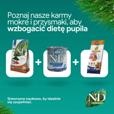 Trzy produkty N&D: sucha karma, mokra karma i przysmaki dentystyczne. Opracowane naukowo, aby zapewnić optymalną suplementację żywienia.