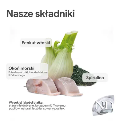 Składniki: koper włoski, okoń morski z Morza Śródziemnego, spirulina. Wysokiej jakości białko jaja dla naturalnie zbilansowanego posiłku. Marka: N&D White.