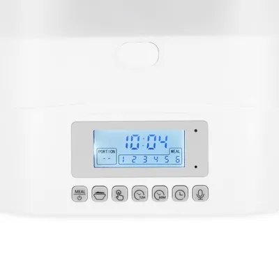 Digitales Display mit Uhrzeit 10:04, Portionseinstellung und Mahlzeitenanzahl von 1 bis 6. Darunter Tasten für Mahlzeit, Portionsgrösse, Timer und Sprachaufnahme.