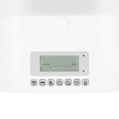 Digitales Bedienfeld mit Tasten für Mahlzeit, Portion, Timer (12h, 60m) und Mikrofon. LCD-Anzeige zeigt 'Portion' und 'Meal'.