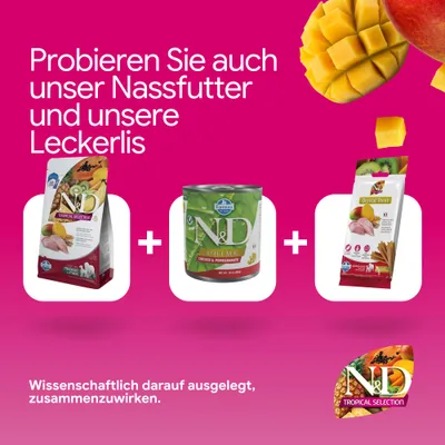 Probieren Sie auch unser Nassfutter und unsere Leckerlis. Wissenschaftlich darauf ausgelegt, zusammenzuwirken. N&D Tropical Selection, N&D Prime, Dental Treat.