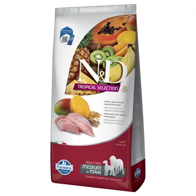 Sac de croquettes Farmina N&D Tropical Selection pour chien adulte medium & maxi, recette poulet, épeautre, avoine et fruits tropicaux, 10 kg. Texte en anglais et italien visible.