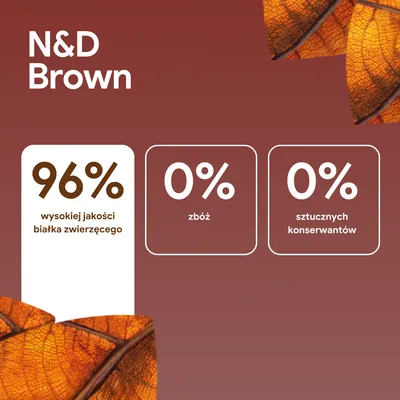 N&D Brown: 96% wysokiej jakości białka zwierzęcego, 0% zboż, 0% sztucznych konserwantów.