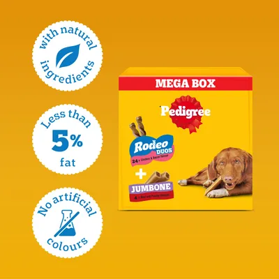 Pedigree Mega Box with Rodeo Duos and Jumbone. Made with natural ingredients, less than 5% fat, no artificial colourings.