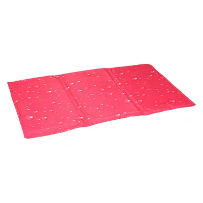 Alfombrilla rectangular rosa con diseño de gotas de agua, material tipo plástico, superficie lisa y plegable en tres secciones. Sin marcas ni texto visible.