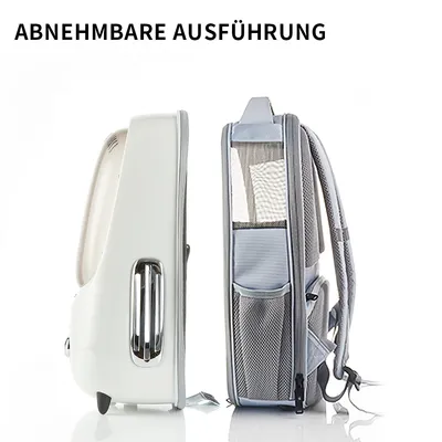 Abnehmbare Ausführung eines weißen Transportbehälters und eines grauen Rucksacks mit Netzmaterial. Beide Teile nebeneinander dargestellt.