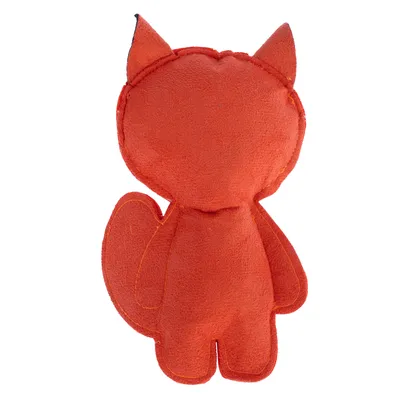 Red fabric toy shaped like an animal with ears and tail, suitable for pets.