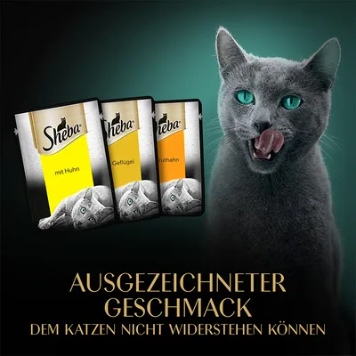 Паучи Sheba с надписями на немецком: mit Huhn, Geflügel, Truthahn. Рядом серая кошка. Текст: AUSGEZEICHNETER GESCHMACK DEM KATZEN NICHT WIDERSTEHEN KÖNNEN.