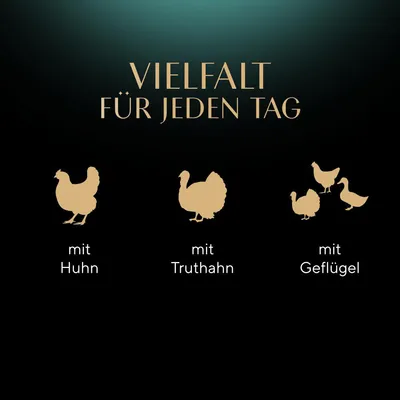 Vielfalt für jeden Tag: mit Huhn, mit Truthahn, mit Geflügel.