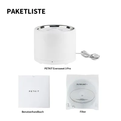 Paketliste: PETKIT Eversweet 3 Pro, Benutzerhandbuch und Filter.