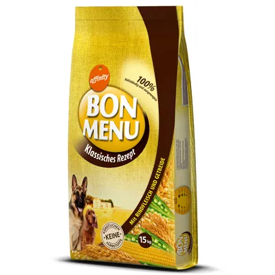 Bon Menu Klassisches Rezept, 15kg. Mit Rindfleisch und Getreide, keine künstlichen Farbstoffe, 100% vollwertig und ausgewogen. Affinity Logo sichtbar.