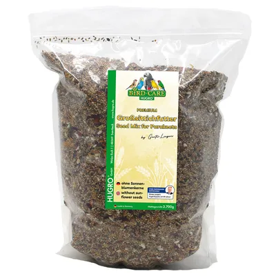 Hugro Bird Care Premium large parakeet food, seed mix for parakeets, without sunflower seeds, net weight 3,700g, made in Germany.