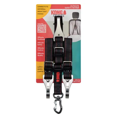 KONG Travel Ultimate Safety Tether, συνδέεται με καθολικές συνδέσεις ISOFIX και CANFIX. Ιδιότητες: τοποθέτηση, ασφάλεια, έλεγχος, ποιότητα. QR code για περισσότερες πληροφορίες.