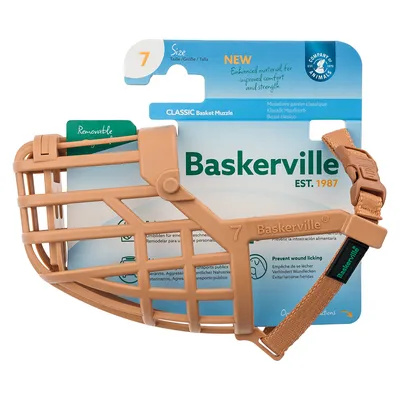 Baskerville Classic botniță mărimea 7, detașabilă, previne linsul rănilor. Material nou pentru confort și rezistență. Potrivită pentru transport public și veterinari.