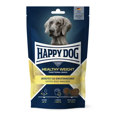 Happy Dog Healthy Weight Functional Snack. Apoia o controlo de peso. Baixo teor de gordura, L-carnitina, drops macios. Fabricado na Alemanha, sem conservantes adicionados.