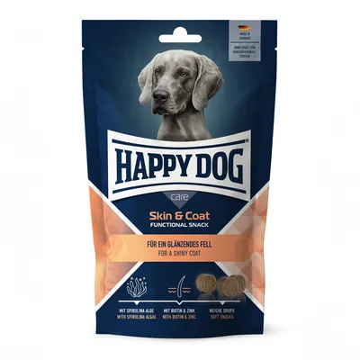 Happy Dog Skin & Coat Functional Snack. Para um pelo brilhante. Com spirulina, biotina e zinco. Gotas macias. Fabricado na Alemanha. Sem conservantes adicionados.