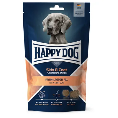 Happy Dog Skin & Coat Functional Snack, za sijočo dlako, z biotinom, cinkom in spirulino. Mehki priboljški. Besedilo v nemščini in angleščini na embalaži.