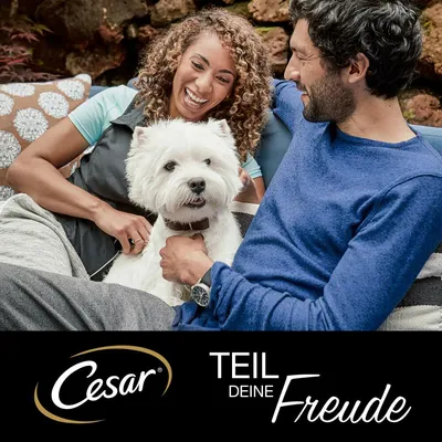 Cesar, TEIL DEINE Freude. Chien blanc assis entre deux personnes sur un canapé, texte promotionnel en allemand visible en bas de l’image.