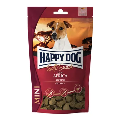 Happy Dog Soft Snack Mini Africa Strauss Ostrich, sachet rouge avec croquettes en forme de cœur, illustration de chien et mentions sans sucre ajouté, recette sans céréales, autruche.