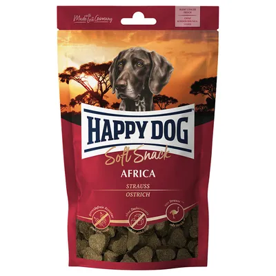 Happy Dog Soft Snack Africa mit Strauß. Getreidefreie Rezeptur, ohne Zuckerzusatz, nur Strauß. Made in Germany.