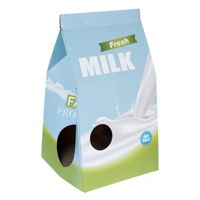 Karton s nápisem 'Fresh Milk', dvě kulaté otvory a modrý odznak 'Big Sale'. Design zobrazuje tok mléka na zeleném pozadí.