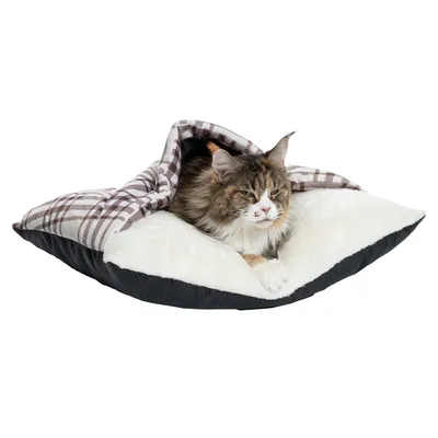 Puha kisállatpárna fehér felülettel és barna kockás huzattal, alkalmas fekhelynek. Egy macska nyugodtan fekszik rajta.