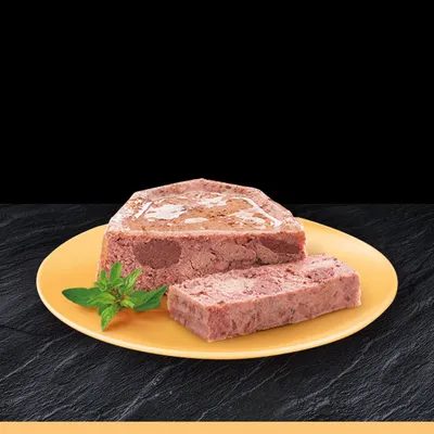 Fleischpastete auf gelbem Teller, dekoriert mit frischen Kräutern. Zeigt die Textur und Schnittfläche des Produkts.