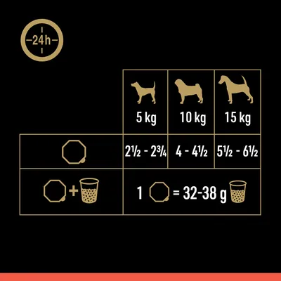 Tabella consigli alimentari per cani: 5 kg 2½–2¾ unità, 10 kg 4–4½ unità, 15 kg 5½–6½ unità; 1 unità = 32–38 g. Simboli di ciotola e bicchiere.