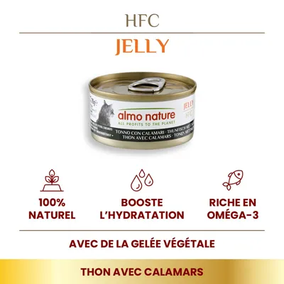 almo nature HFC Jelly thon avec calamars, 100% naturel, booste l’hydratation, riche en oméga-3, avec de la gelée végétale. Texte visible en français et anglais.
