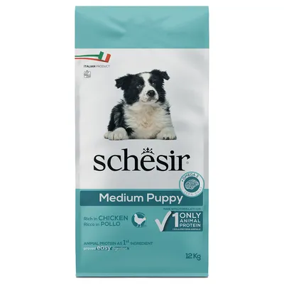 Schesir Medium Puppy, 12 kg, rijk aan kip, dierlijk eiwit als eerste ingrediënt, Omega 3 & 6, Italiaans product.